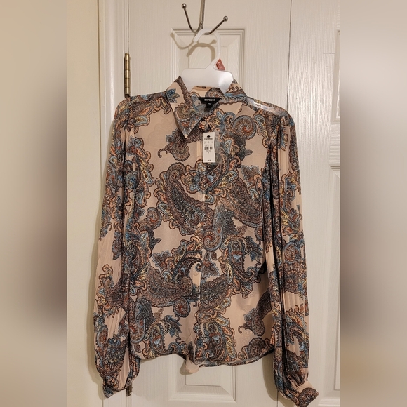 Express 2Pc High Waisted Paisley Trousers & See-Through Blouse - Picture 2 of 7